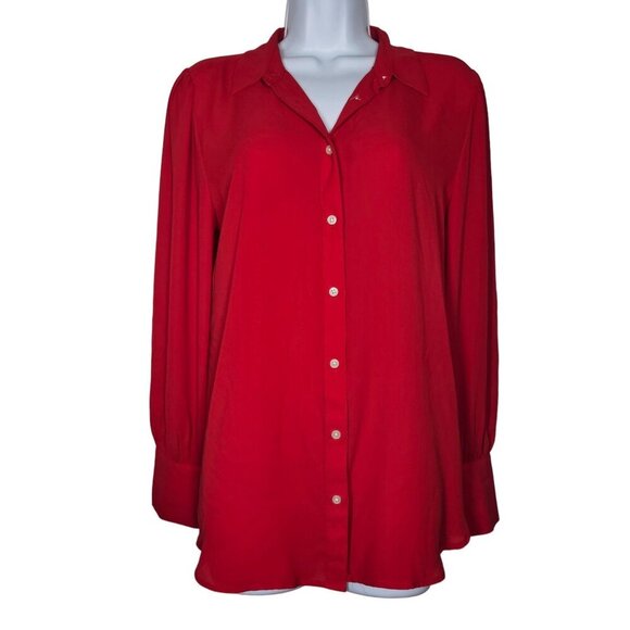 Loft Chiffon Long Puff Sleeve Blouse Button Front Collar Red Women Size M - Picture 1 of 13